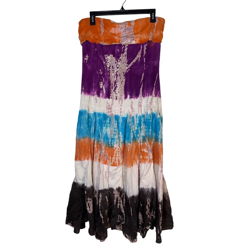 Solitaire Tie Dye Maxi Skirt Womens Large Multi Color Boho Festival Bleached Art